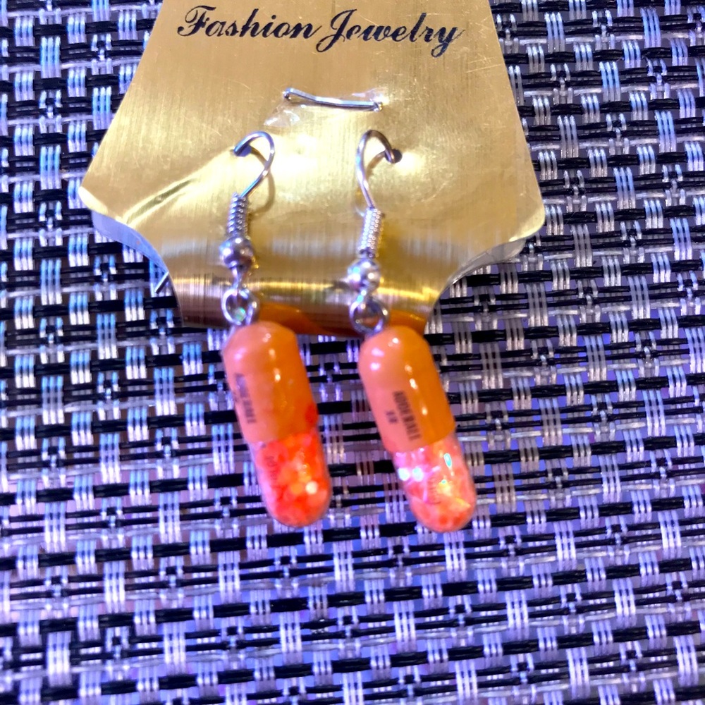 Orange Glitter Filled Adderall Earrings.